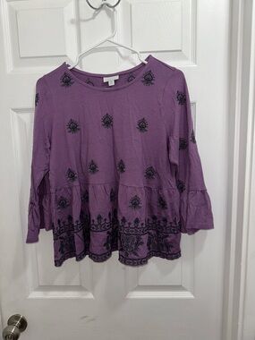 J Jill Purple Embroidered Flounce Top w/ Flare Sleeves